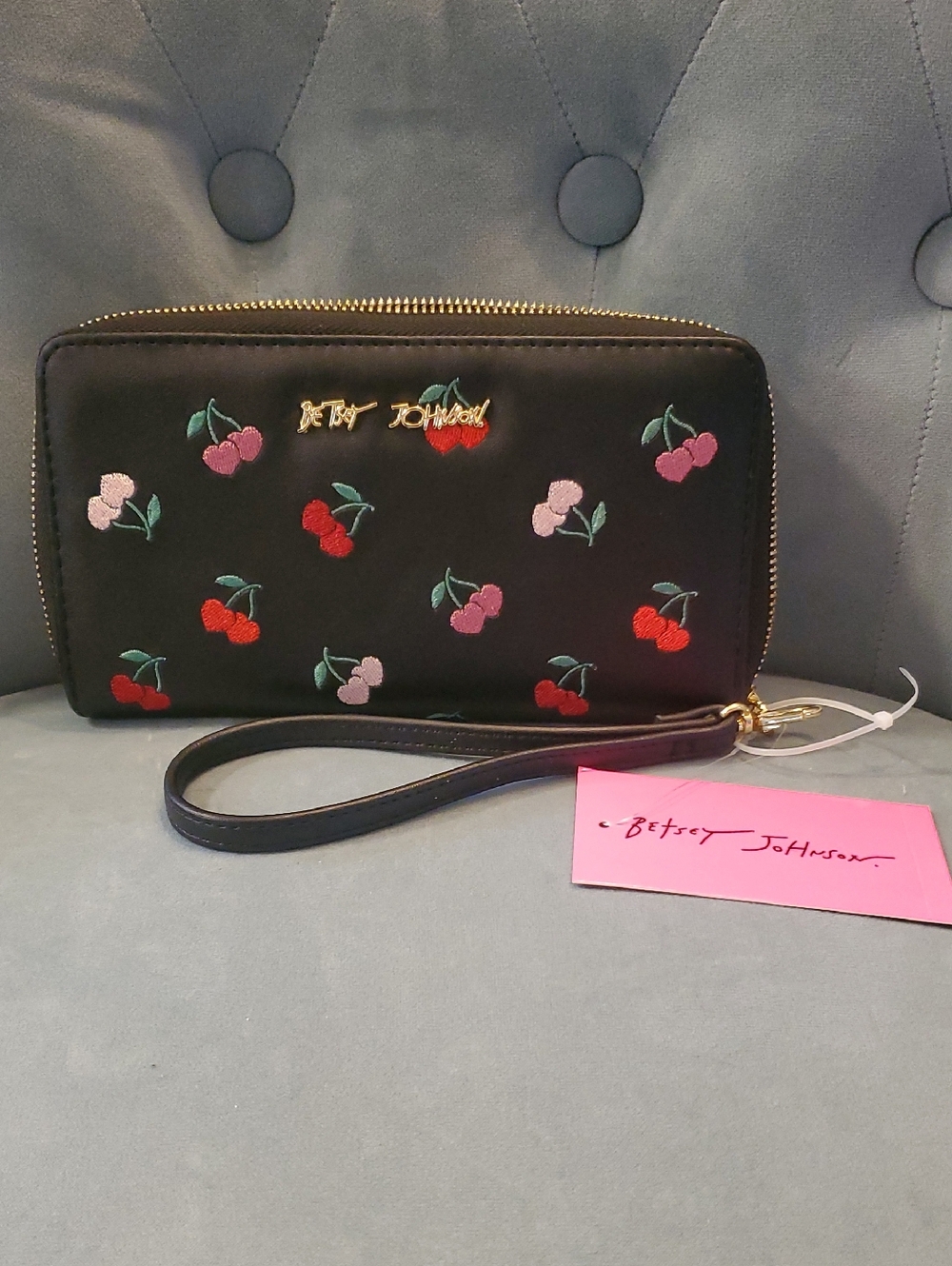 NWT..Betsey Johnson Black Cherry Embroidered Wristlet